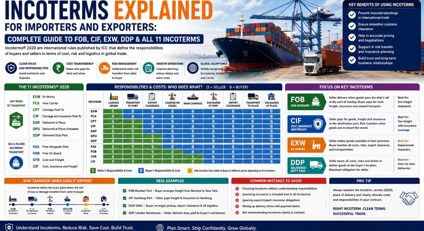 INCOTERMS  Explained for Importers and Exporters: Complete Guide to FOB, CIF, EXW, DDP & All 11 Incoterms
